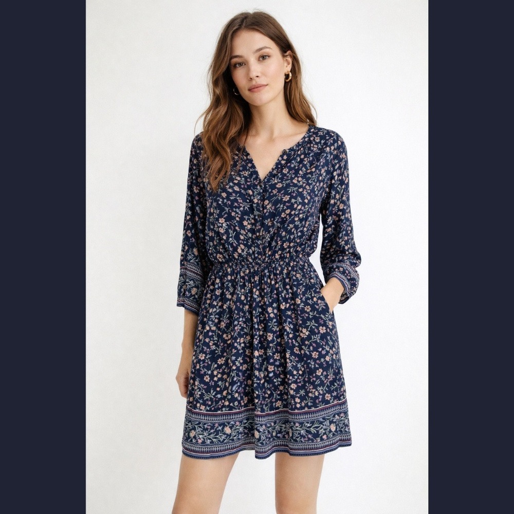 Caslon Womens XL Floral Long Sleeve Mini Dress V-Neck Boho Cottagecore Peasant